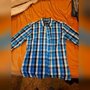 Apt9 slim fit stretch mens dress shirt 15.5 34/35 blue black checkered